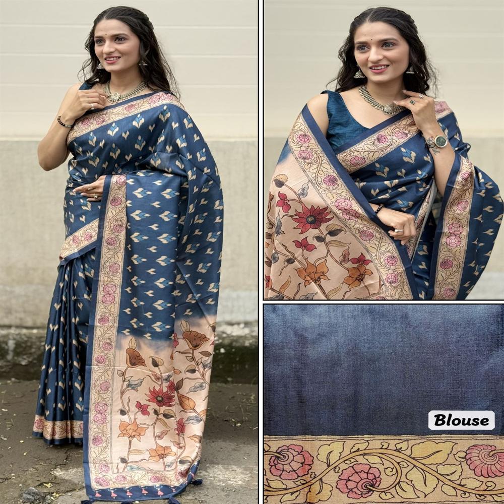 NAVY BLUE PRINTED SILK SAREE FOR WOMEN