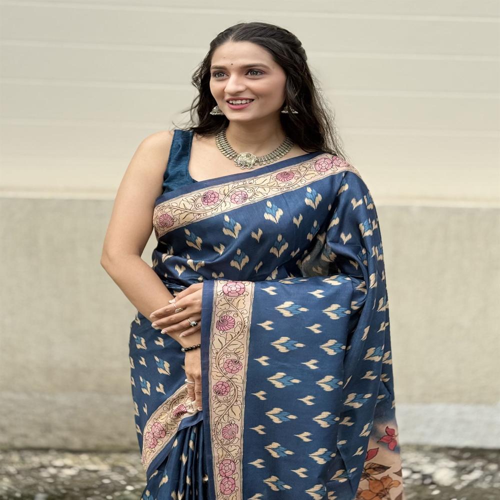 NAVY BLUE PRINTED SILK SAREE FOR WOMEN