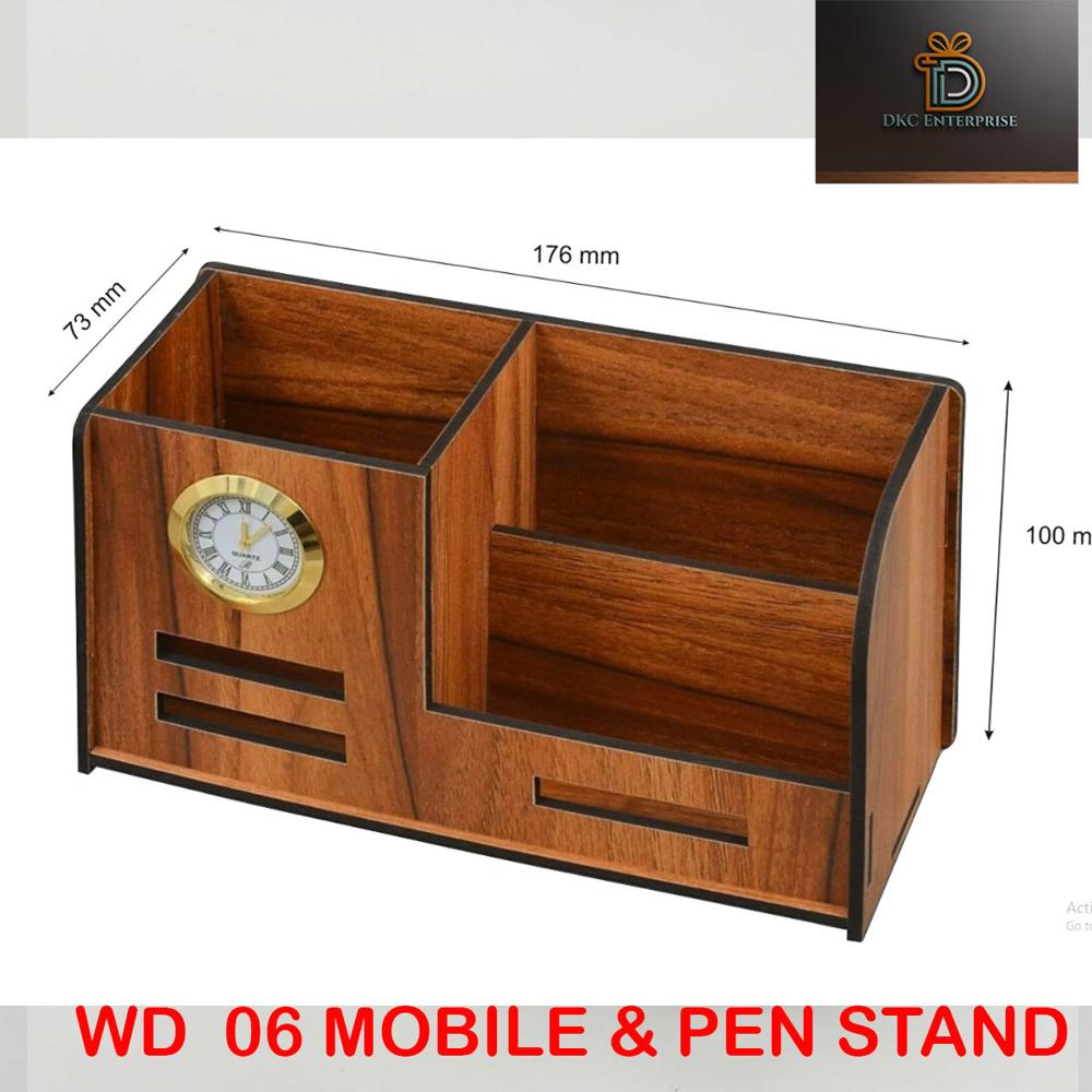 wooden desk oraniser with watch