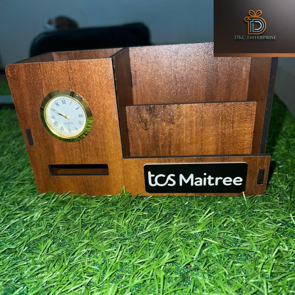 wooden desk oraniser with watch