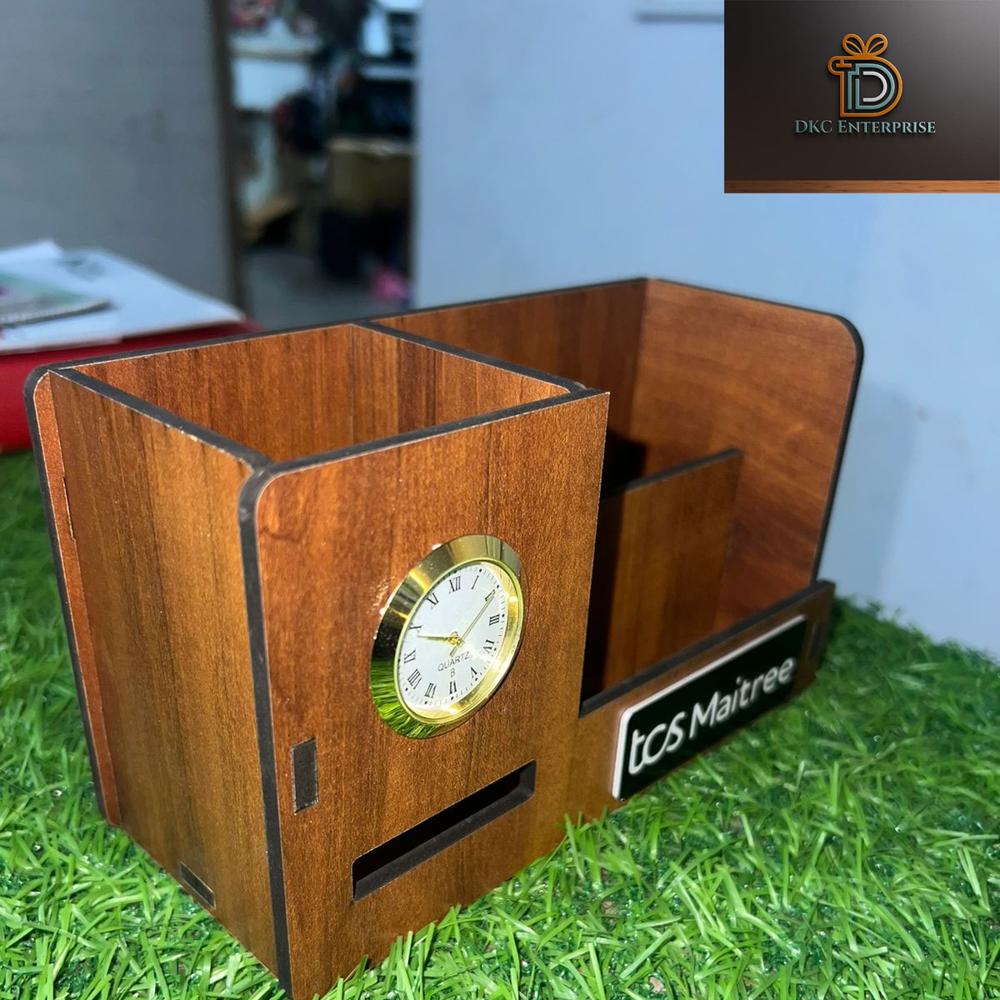 wooden desk oraniser with watch