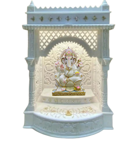 Carved Marble Mandir With Ganesha Statue - Color: White