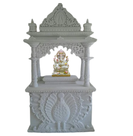Carved Marble Mandir With Ganesha Statue - Color: White