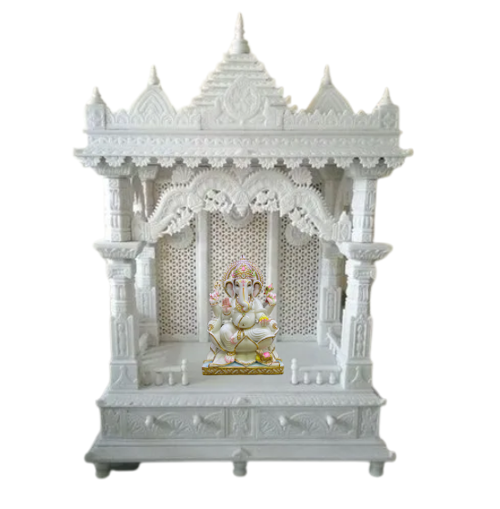Carved Marble Mandir With Ganesha Statue - Color: White
