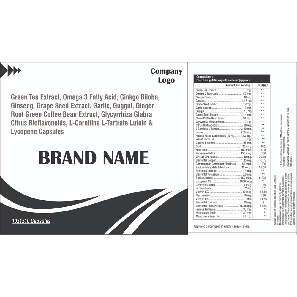 Green Tea Extract, Omega 3 Fatty Acid, Ginkgo Biloba, Ginseng, Grape Seed Extract, Garlic, Guggul, Ginger Root Green Coffee Bean Extract, Glycyrrhiza Glabra Citrus Bioflavonoids, L-Carnitine L-Tartrate Lutein & Lycopene Capsules - Drug Type: Health Supplements