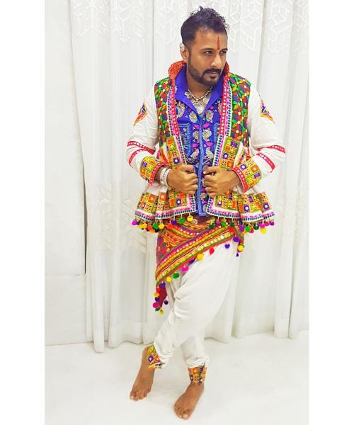 Mirror Work Navratri Special Black Men Kurta With Dhoti