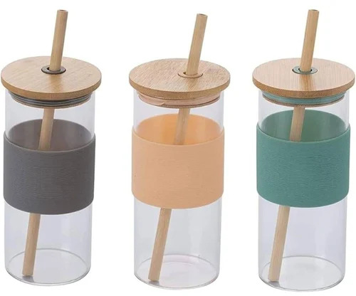 Glass Tumbler With Bamboo Straw And Silicone Sleeve - Capacity: 1 X 400 Milliliter (Ml)