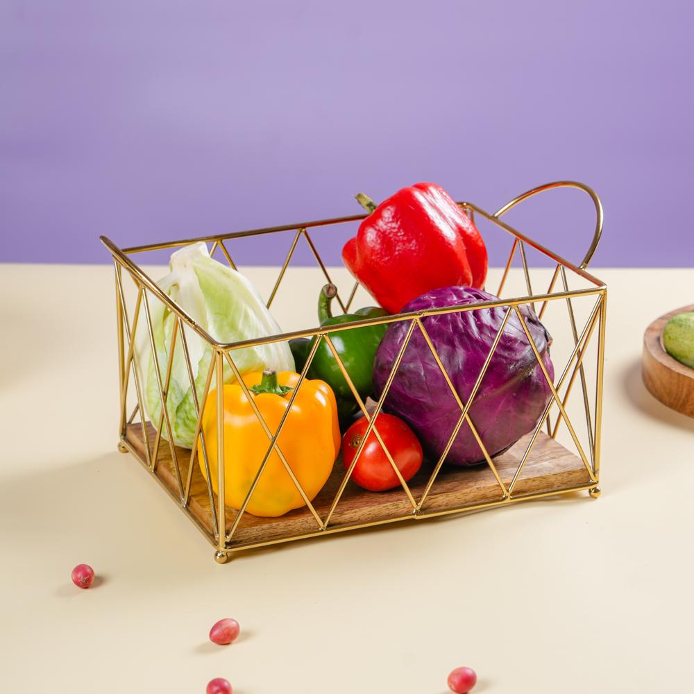 Metal And Wooden Basket - Color: Golden