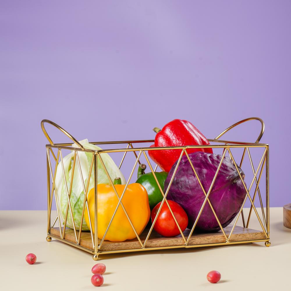 Metal And Wooden Basket - Color: Golden