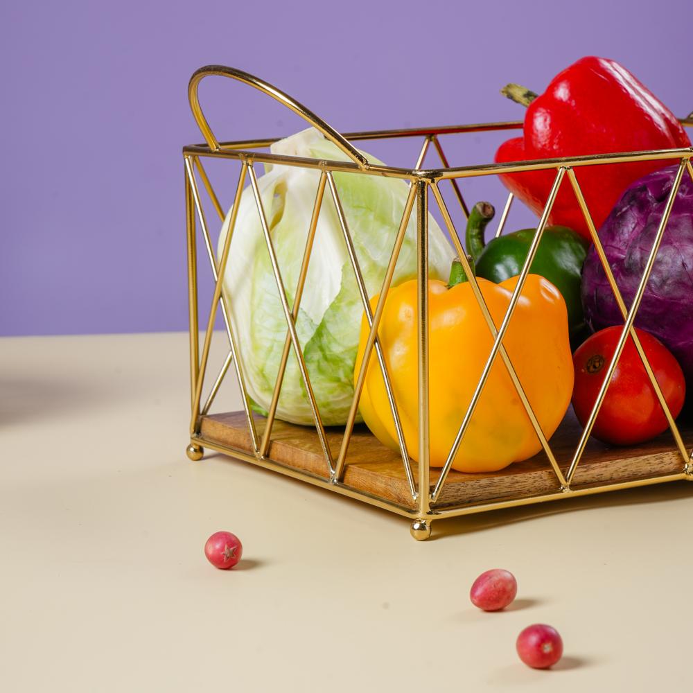 Metal And Wooden Basket - Color: Golden