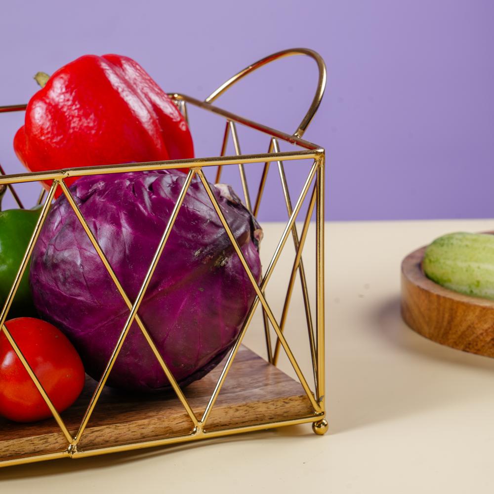 Metal And Wooden Basket - Color: Golden