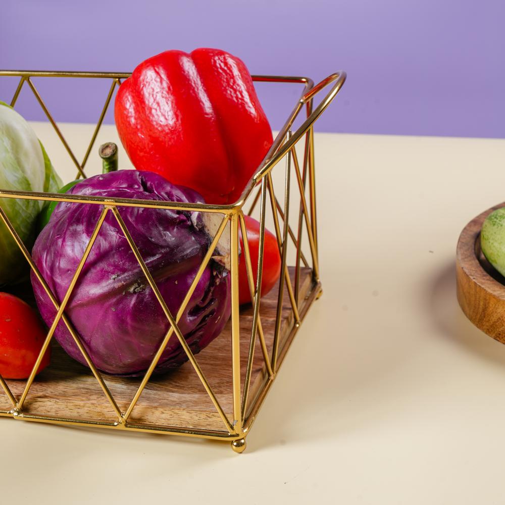 Metal And Wooden Basket - Color: Golden