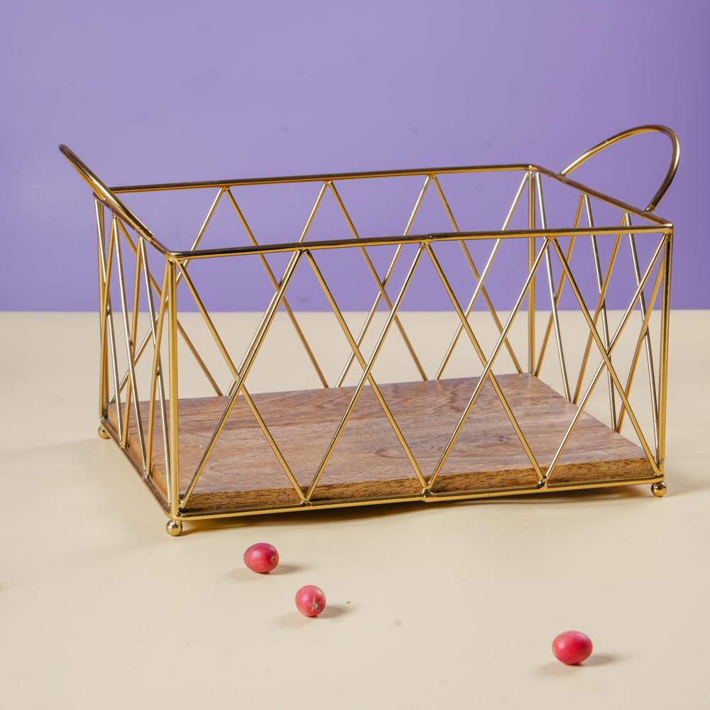 Metal And Wooden Basket - Color: Golden