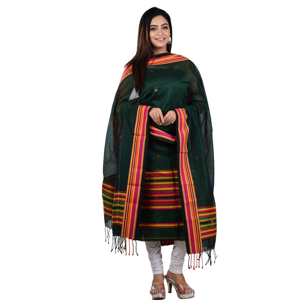 Handloom Cotton 3 Piece Suit - Pure Cotton, Deep Green, Striped Jamdani | Handwoven Geometric Pattern, Full Sleeves, Washable