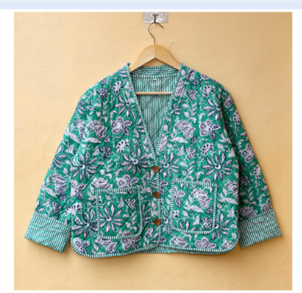 Green And White Hand Block Print Boho Jacket - Bust Size: Requirement Based Meter (M)