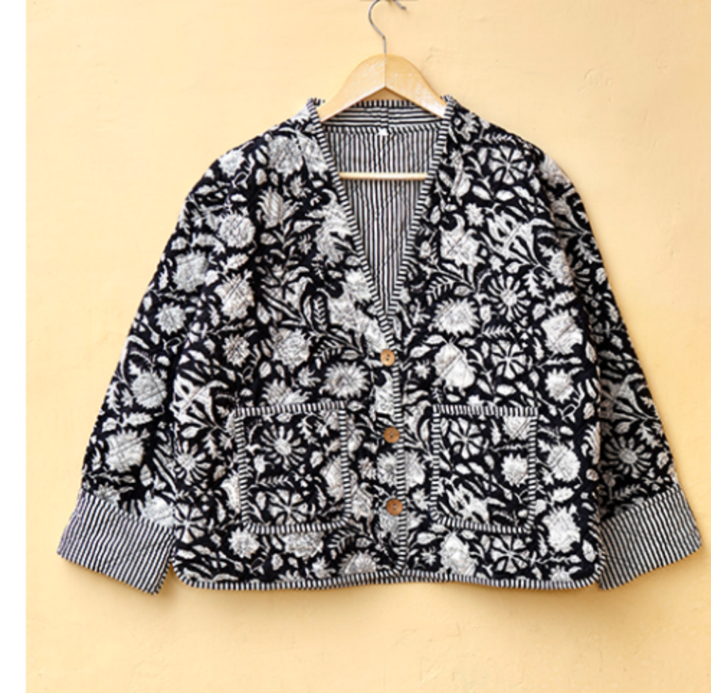 Black And White Hand Block Print Boho Jacket - Bust Size: Requirement Based Meter (M)