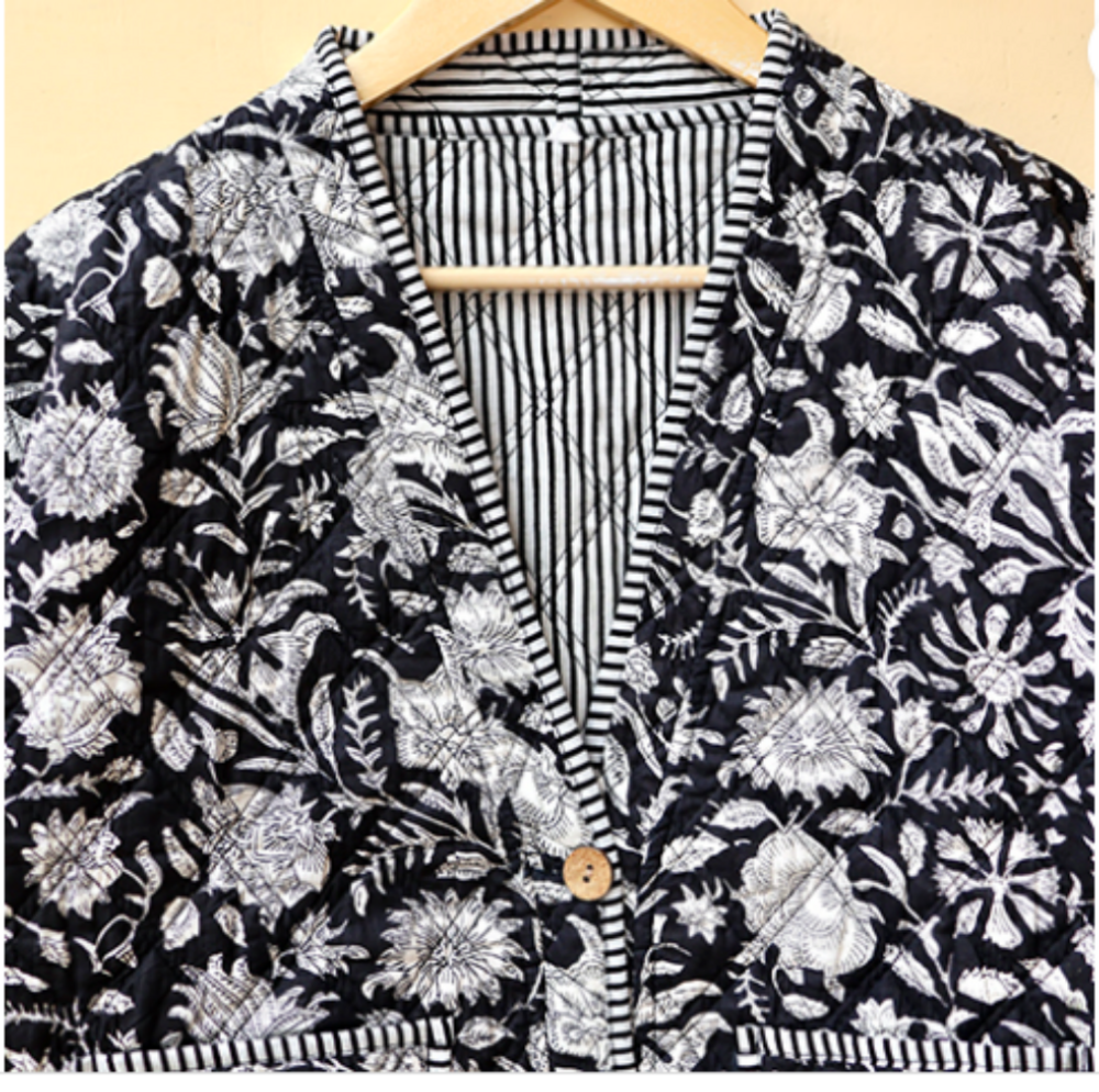 Black And White Hand Block Print Boho Jacket - Bust Size: Requirement Based Meter (M)