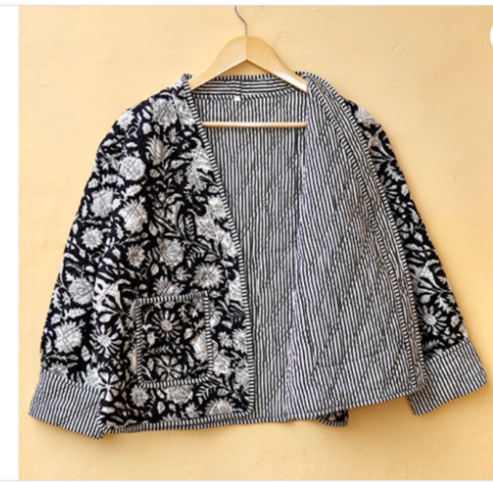 Black And White Hand Block Print Boho Jacket - Bust Size: Requirement Based Meter (M)