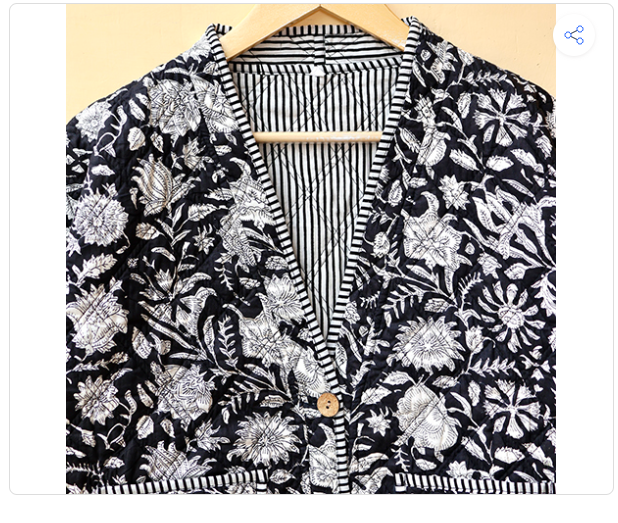 Black And White Hand Block Print Boho Jacket - Bust Size: Requirement Based Meter (M)
