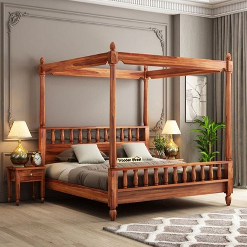 Queen Size Canopy Bed Without Storage Wooden Poster Double Bed
