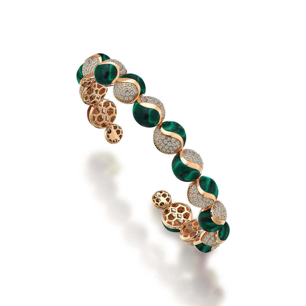 Malachite and Diamond Cuff Bracelet in 18K Yellow Gold, Green Enamel & Lab Grown Diamonds