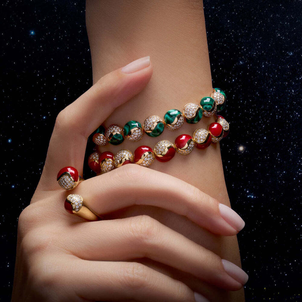 Malachite and Diamond Cuff Bracelet in 18K Yellow Gold, Green Enamel & Lab Grown Diamonds