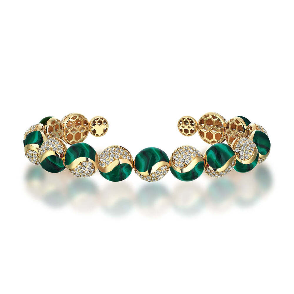 Malachite and Diamond Cuff Bracelet in 18K Yellow Gold, Green Enamel & Lab Grown Diamonds