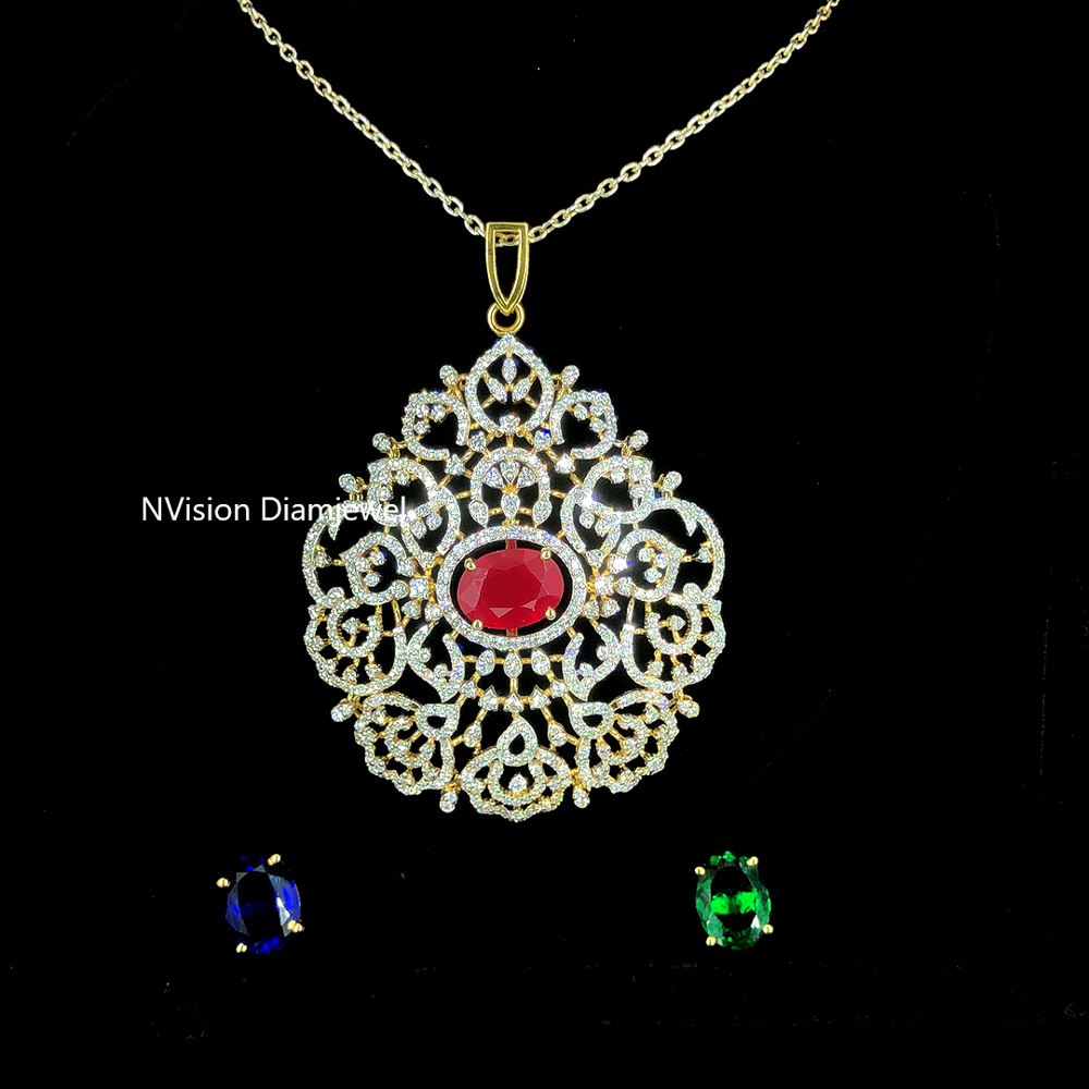 Exquisite Royal Changeable Ruby Pendant With Labgrown Diamond Filigree - Diamond Carat Weight: 5.53 Carat