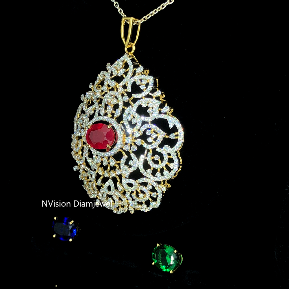 Exquisite Royal changeable Ruby Pendant with Labgrown Diamond Filigree