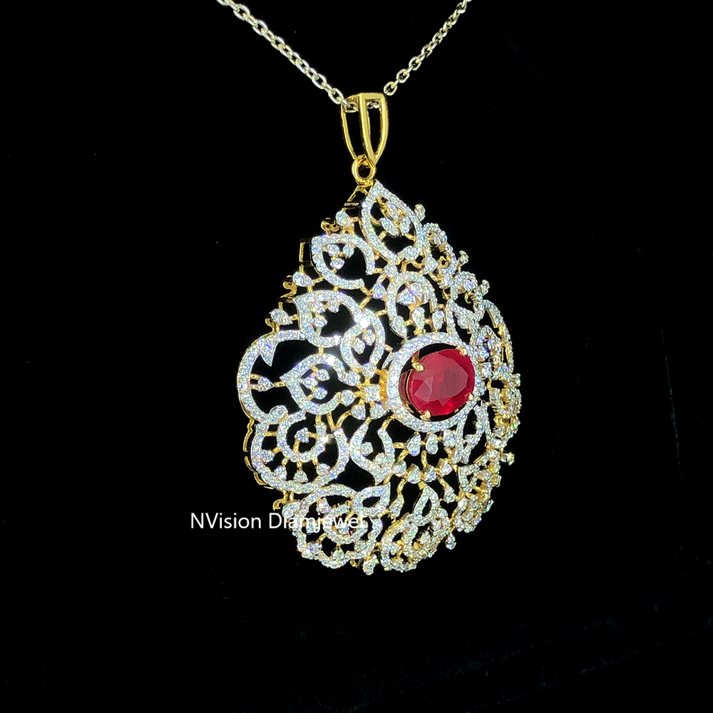 Exquisite Royal changeable Ruby Pendant with Labgrown Diamond Filigree