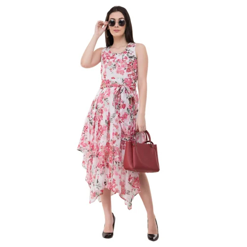 White Printed Ladies Georgette Dress