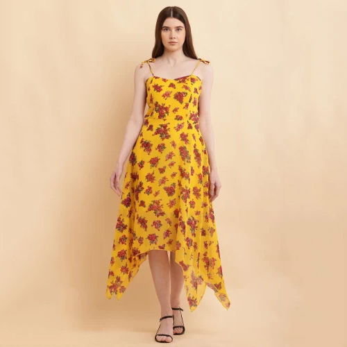 Yellow Printed A Line Georgette Dress