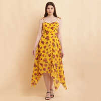 Yellow Printed A Line Georgette Dress