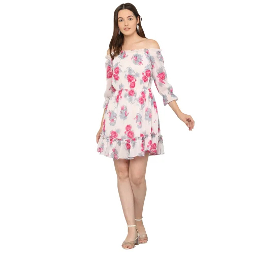 White Ladies Off Shoulder Georgette Dress - Color: Multicolor