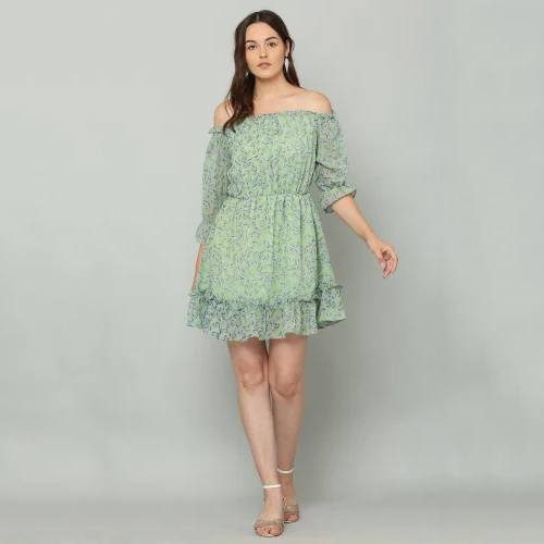 Green Ladies Off Shoulder Georgette Dress - Color: Multicolor