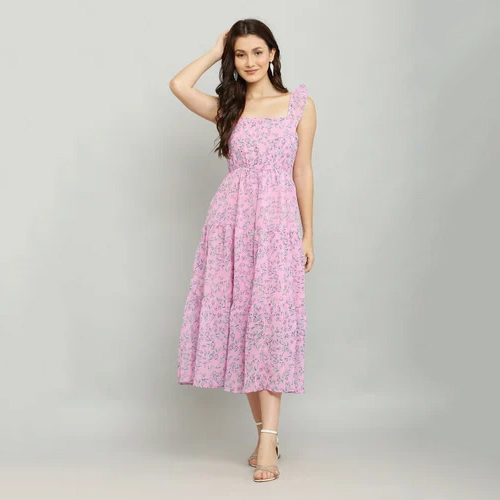 Off White Printed Georgette Flare Dress