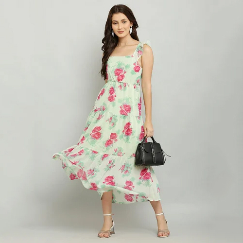 Light Green Printed Georgette Flare Dress