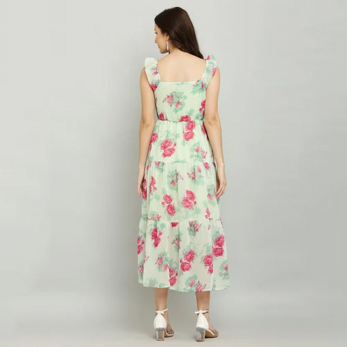 Light Green Printed Georgette Flare Dress