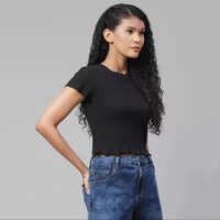 Polyester Casual Wear Black Polka Dot Puff Sleeve Crop Top