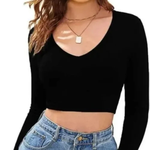V Neck Full Sleeve Crop Top