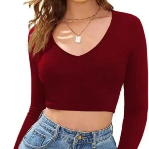 V Neck Full Sleeve Crop Top