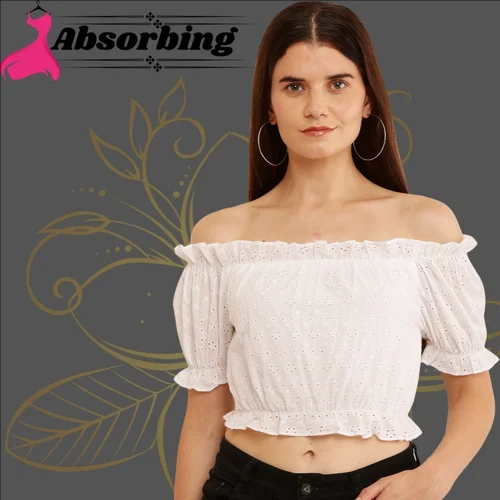 Ladies White Embroidered Cotton Top - Design: Plain