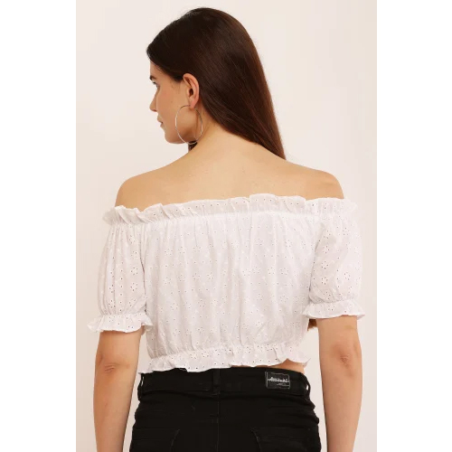 Ladies White Embroidered Cotton Top - Design: Plain