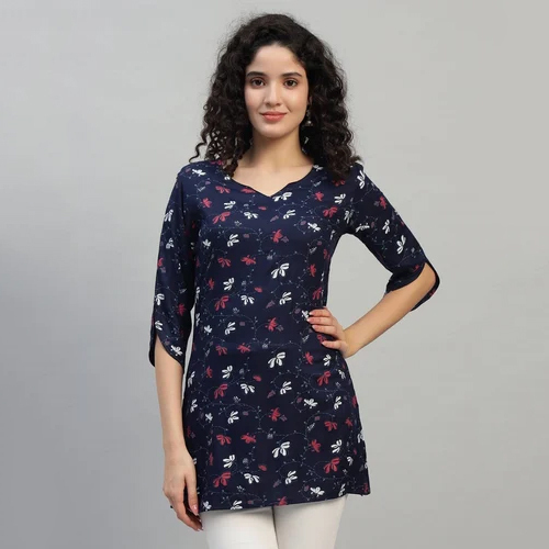 Navy Blue Floral Printed Straight Kurti - Color: Multicolor