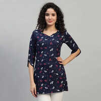 Navy Blue Floral Printed Straight Kurti - Color: Multicolor