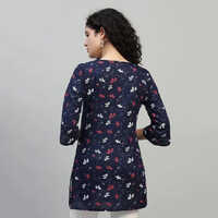 Navy Blue Floral Printed Straight Kurti