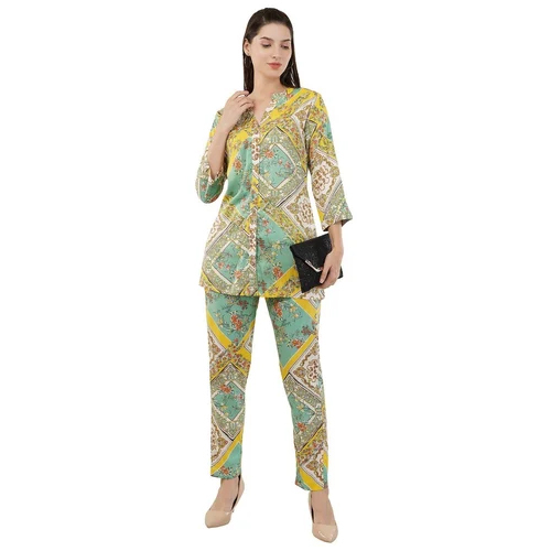 Shirt And Straight Pants Co-Ord Set For Women - Color: Multicolor