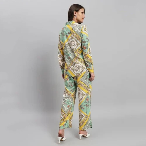 Shirt And Straight Pants Co-ord Set For Women - Color: Multicolor