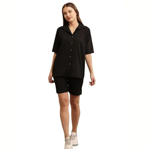 Shirt And Shorts Beautiful Co-Ord Set For Women - Color: Black