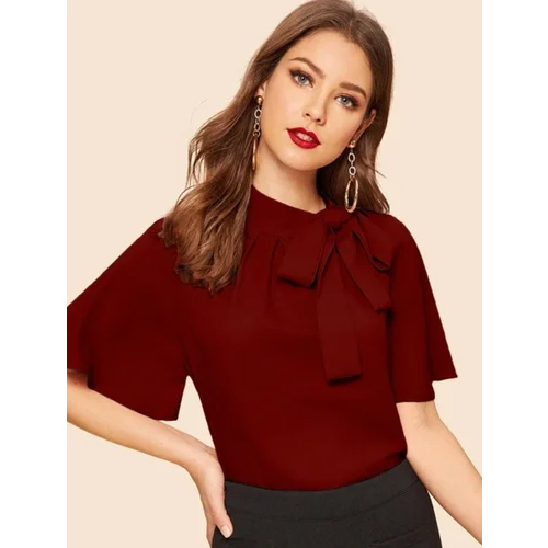 Women'S Elegant Winered Bow Tie Neck Blouse Top - Color: Red